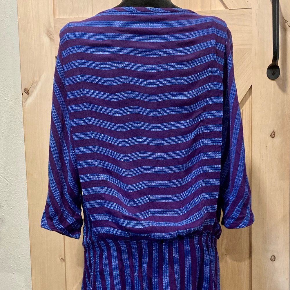 Vintage 90s Purple Blue Striped Drop Waist Dress 3/4 Sleeve Medium - Picture 8 of 12